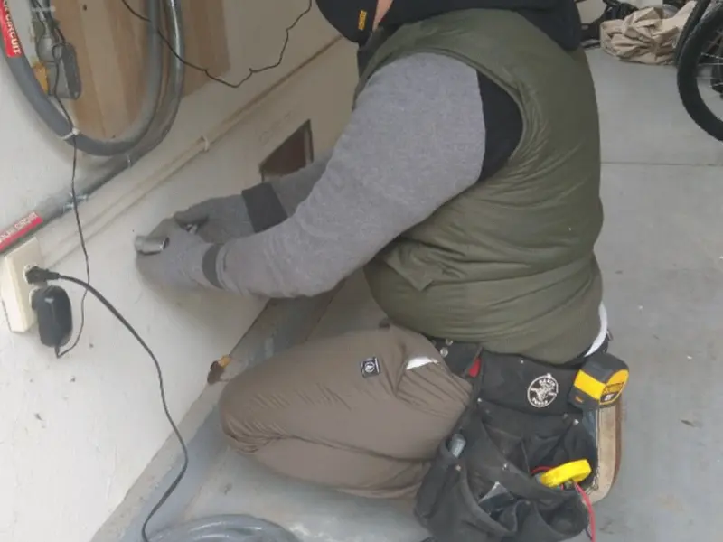 Electrician performing outlet wiring in a Maplewood garage
